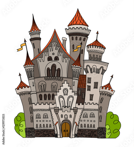 Cartoon fairy tale castle tower icon. Cute architecture. Vector illustration fantasy house fairytale medieval . Kingstone stronghold design fable isolated.