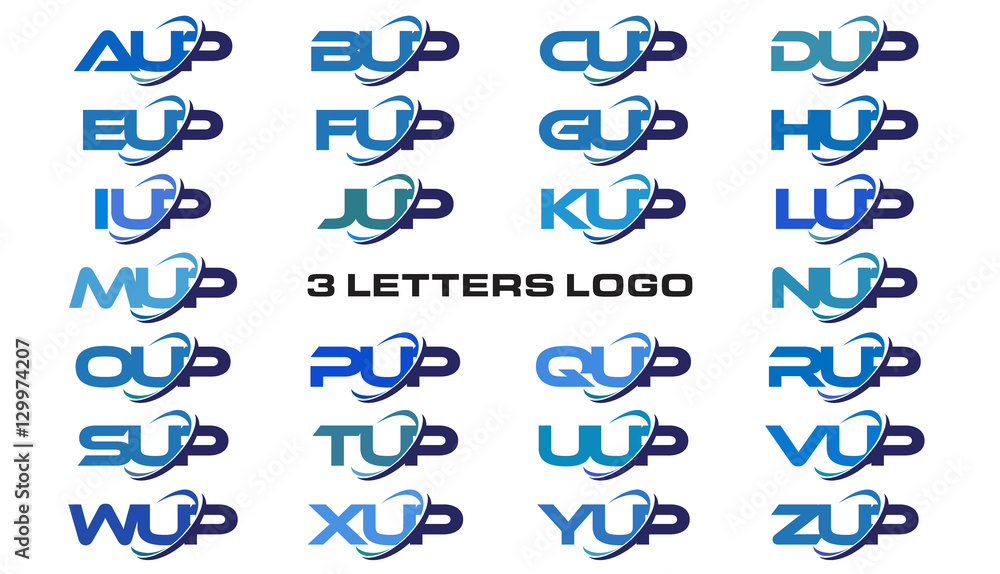 celebrate Phonetics Sober 3 letters modern generic swoosh logo AUP, BUP, CUP, DUP, EUP, FUP, GUP,  HUP, IUP, JUP,