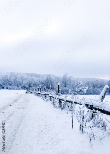 Winter landscape with snow covered fence