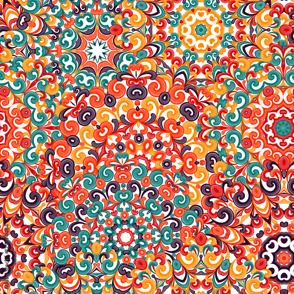 Seamless colorful ethnic pattern with mandalas in oriental style. Round doilies with green, orange, yellow, brown curls and swirls weaving in arabesque traditional lace ornament. Vector illustration.