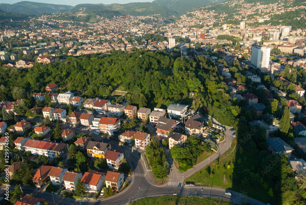 Aerial city landscape view of Sarajevo