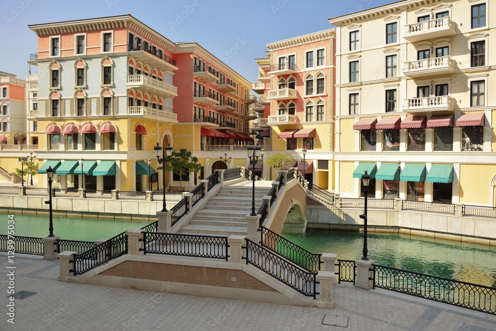 Street view in Venice-like Qanat Quartier of the Pearl precinct of Doha, Qatar.