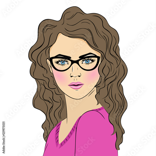 Beautiful surprised woman in the pop art comics style. Vector EPS10 illustration. Comic book girl with glasses