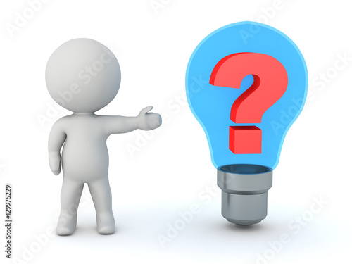 3D Character Showing Light Bulb with Question Symbol