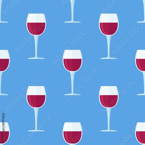 Seamless pattern with glass of red wine on blue background. Vector texture.