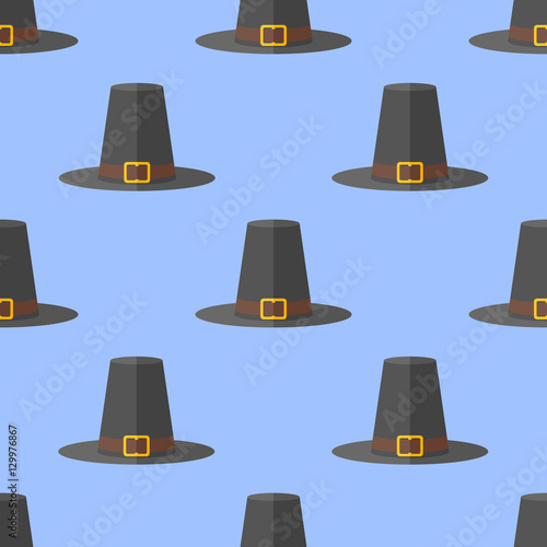 Seamless pattern with pilgrim hat on blue background. Thanksgiving vector texture.