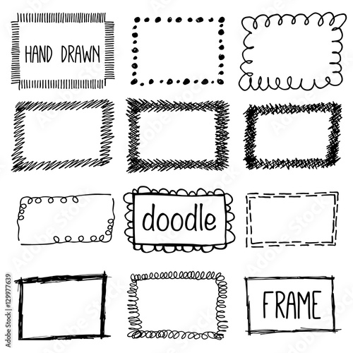 Hand drawn pencil doodle frame. Sketch design concept.  Set of square frames isolated.