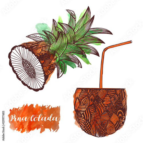 Watercolor pineapple pina colada cocktail on white background.  Hand-drawn, doodle, vector, zentangle, tribal design element. Suits as tattoo or logo template, decorative piece or coloring book sketch