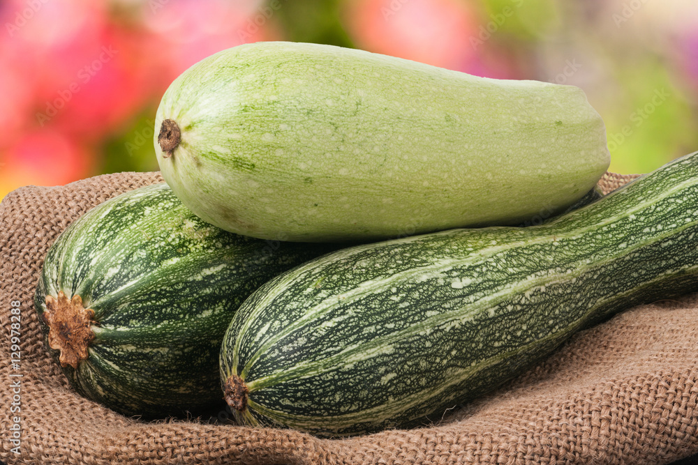 green zucchini and courgettes on sackcloth with a blurred background