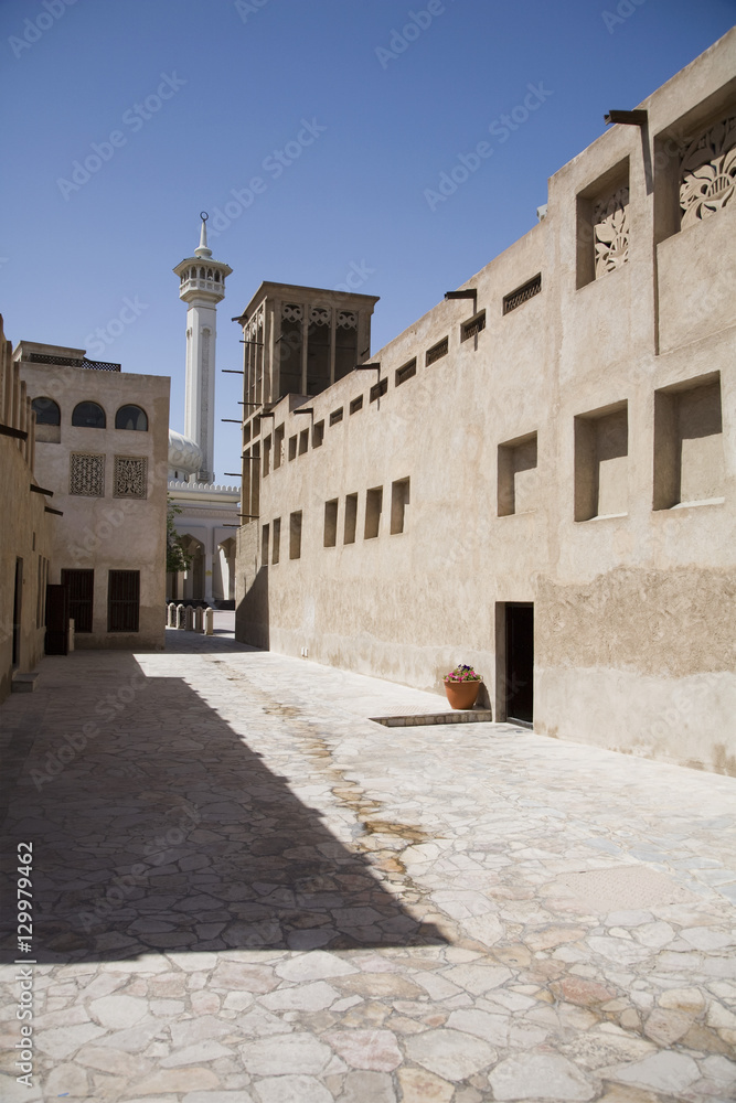 Walkway outside the Bastakia Mosque in the old Bastakia Quarter of Bur Dubai, Dubai, UAE