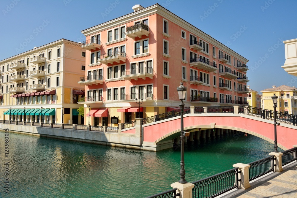 Canal view in Venice-like Qanat Quartier of the Pearl precinct of Doha, Qatar.
