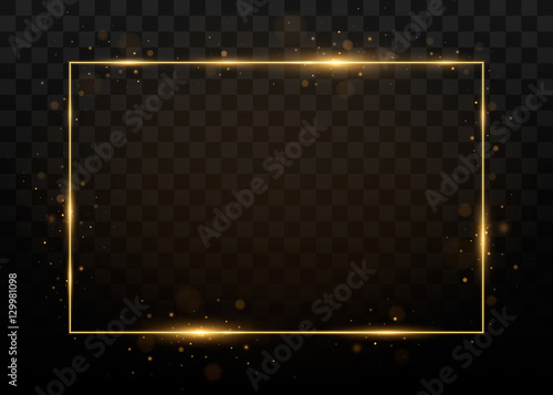 Vector golden frame with lights effects. Shining rectangle banner. Isolated on black transparent background. Vector illustration, eps 10.
