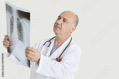 Senior male doctor examining medical radiograph over gray background
