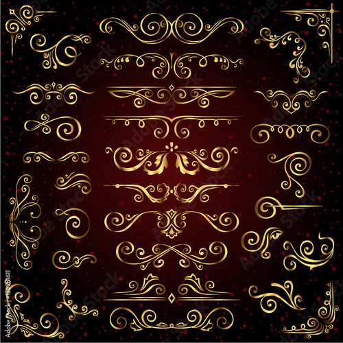 Victorian vector set of golden ornate page decor elements like banners, frames, dividers, ornaments and patterns on dark background. Gold calligraphic swirl 