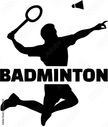 Badminton player silhouette with word