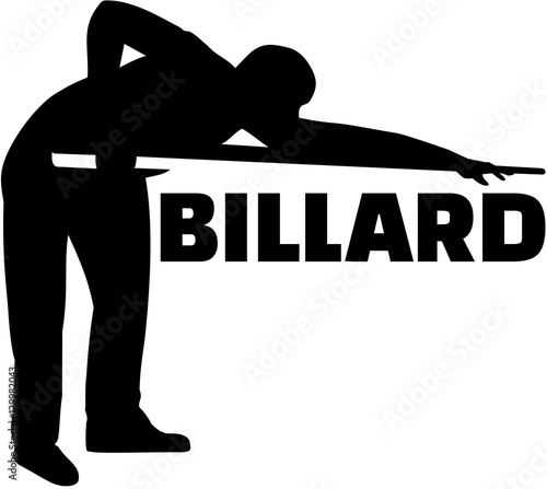 Silhouette pool player with billiards german word