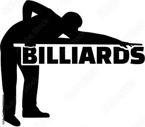 Silhouette pool player with billiards word