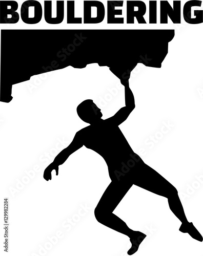 Bouldering hanging on the rock with word