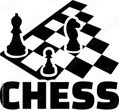 Chess board with word. Bishop pawn and horse.