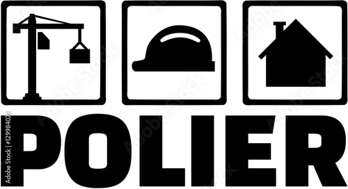 Foreman icons. Crane, hard hat, site. German word.