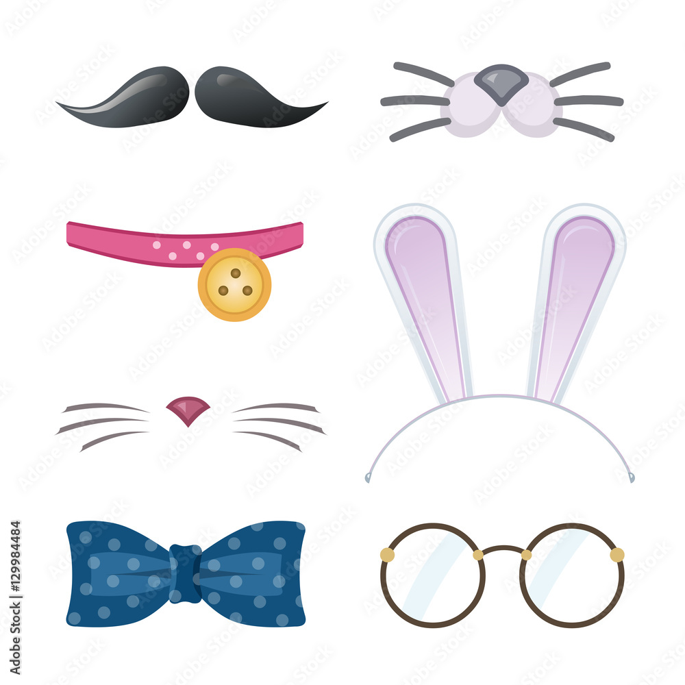 Cartoon style accessories (mustache, glasses, collar, cat nose, bow tie, bunny ears). Vector illustration. Cartoon style accessories (mustache, glasses, collar, cat nose, bow tie, bunny ears). Vector illustration.