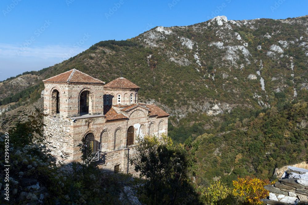 Amazing view of Church of the Holy Mother of God in Asen's Fortress and Rhodopes mountain, Asenovgrad, Plovdiv Region, Bulgaria