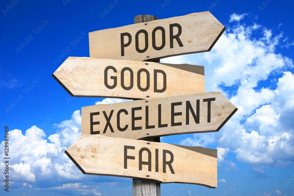 Wooden signpost with four arrows - poor, good, excellent, fair - great for topics like comparison, quality etc. Wooden signpost with four arrows - poor, good, excellent, fair - great for topics like comparison, quality etc.