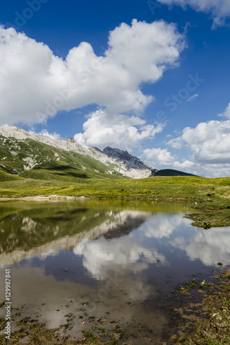 Panoramic view of beautiful landscape with Gran Sasso d Italia peak at Campo Imperatore plateau in the Apennine Mountains  Abruzzo  Italy