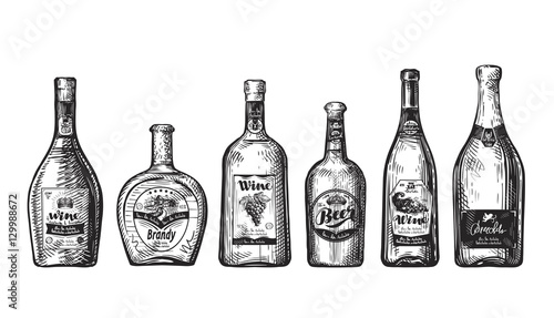 Hand-drawn set bottles for bar. Alcoholic beverages, drink such as wine, beer, brandy, champagne, whiskey, vodka. Sketch vector illustration