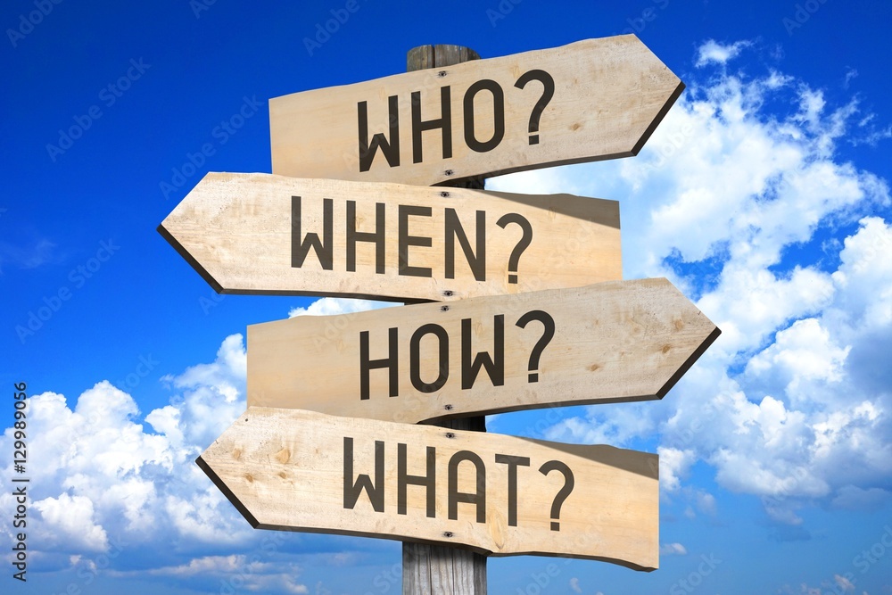 Questions - who? when? how? what? - wooden signpost, great for topics like frequently asked questions, customer support etc. Questions - who? when? how? what? - wooden signpost, great for topics like frequently asked questions, customer support etc.