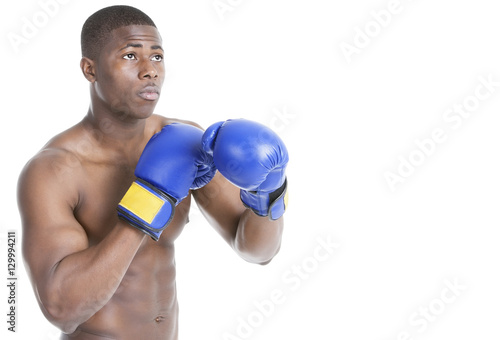 Young boxer wearing boxing gloves in fighting stance over gray background