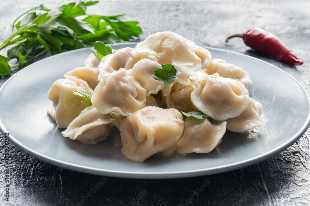 Meat Dumplings - russian pelmeni with sour cream Meat Dumplings - russian pelmeni with sour cream