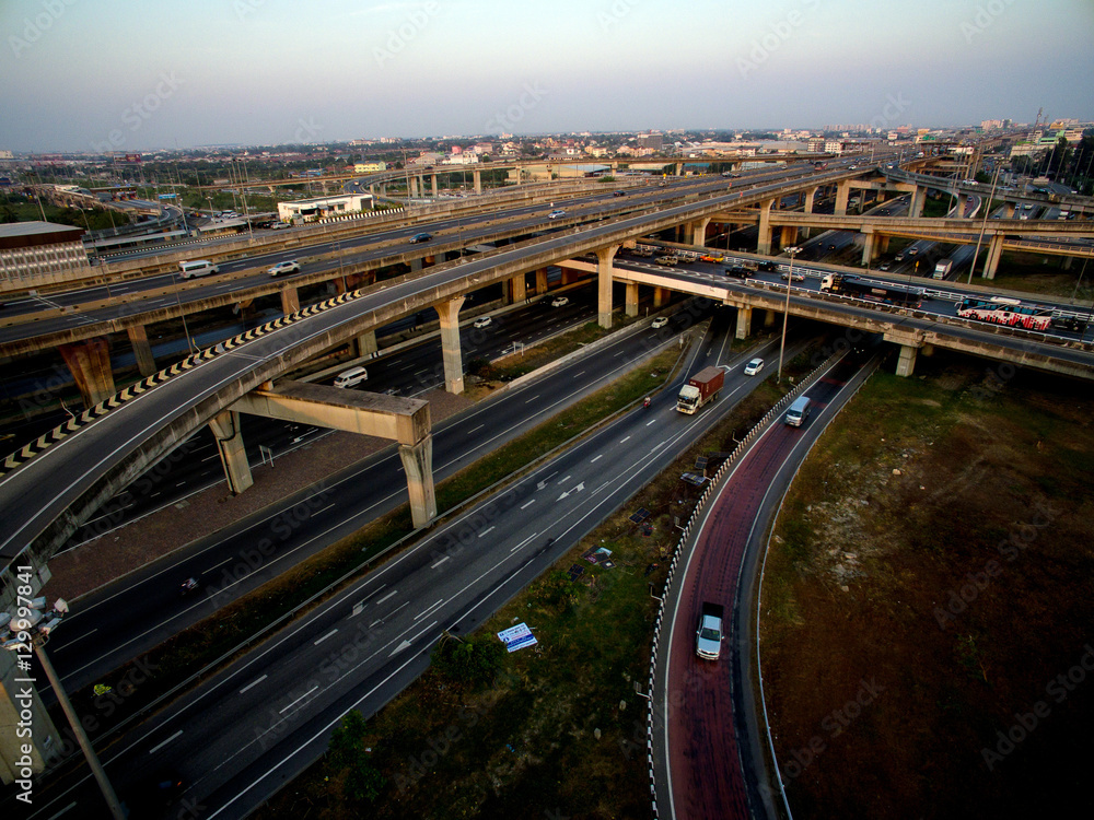 Fototapeta premium Aerial view above the busy Motorway & Ring Roads Inter-Change Systems