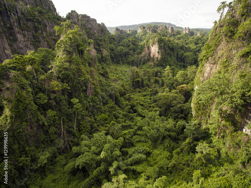 Aerial view of limestone mountain Karst  the Avatar-like mountain pass of sharp cliffs  peak forest and sinkhole landscape made up of carbonate rocks  Devonian limestone