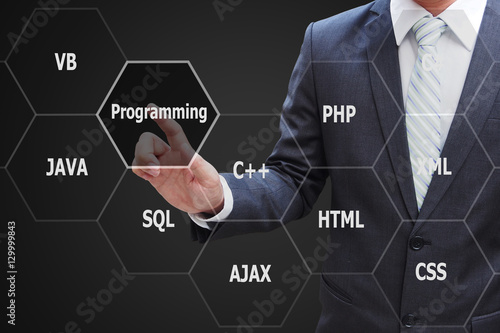 Programmer hand touching virtual panel of programming languages,