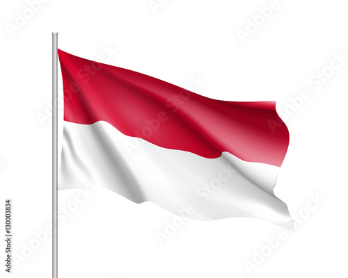 Waving flag of Monaco state. Illustration of European country flag on flagpole with red and white colors. Vector 3d icon isolated on white background