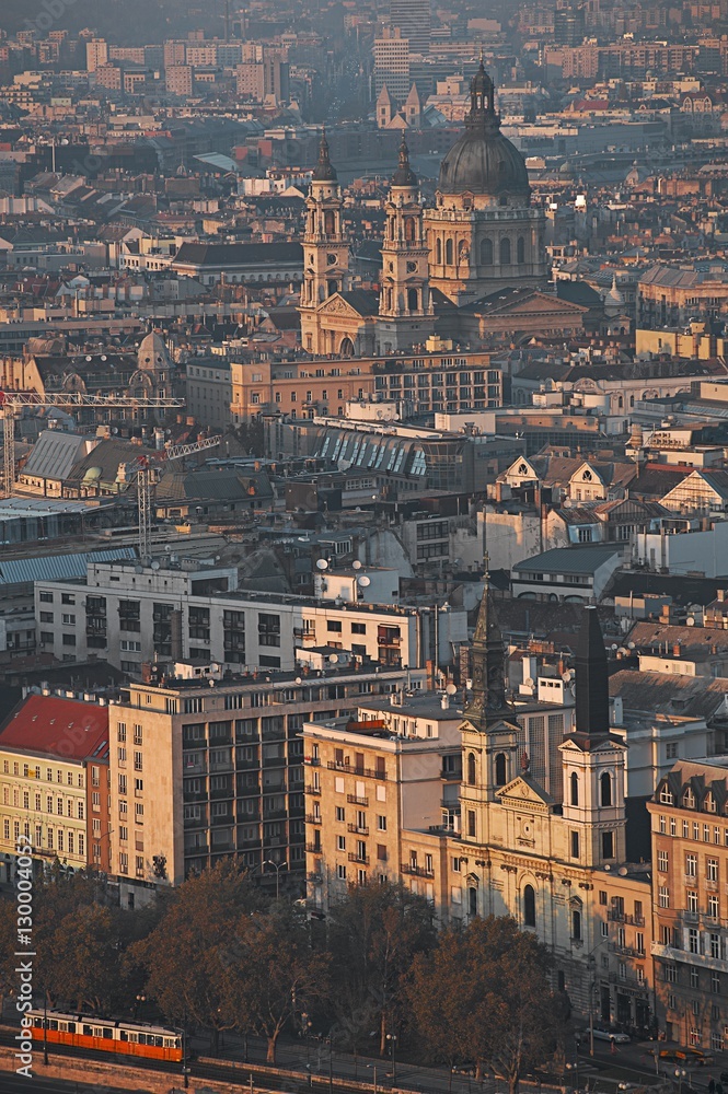 Cutyscape of the Hungarian capital  Budapest with the Our Lady Russian Orthodox Cathedral in the foreground and with St Stephen's Basilica in the background