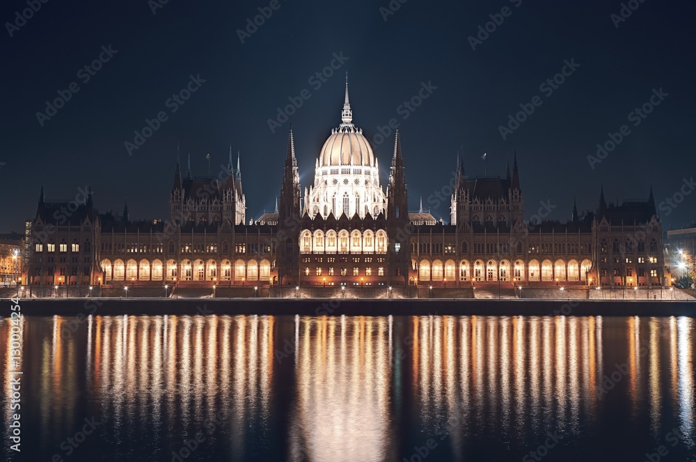 Night cityscape of the Parliament building on the Danube riverbank in central Budapest  capital of Hungary
