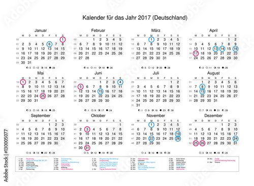 Calendar of year 2017 with public holidays and bank holidays for Deutschland