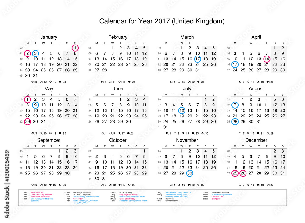 Calendar of year 2017 with public holidays and bank holidays for UK  (England) Stock Illustration | Adobe Stock