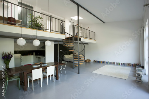Spacious apartment with mezzanine and white wall photo