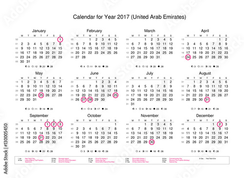 Calendar of year 2017 with public holidays and bank holidays for United  Arab Emirates Stock Photo | Adobe Stock