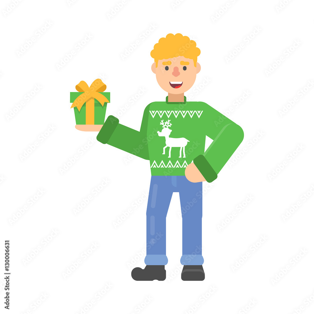 Christmas character young man in red pullower with deer holds a gift in flat cartoon style. Christmas character young man in red pullower with deer holds a gift in flat cartoon style.