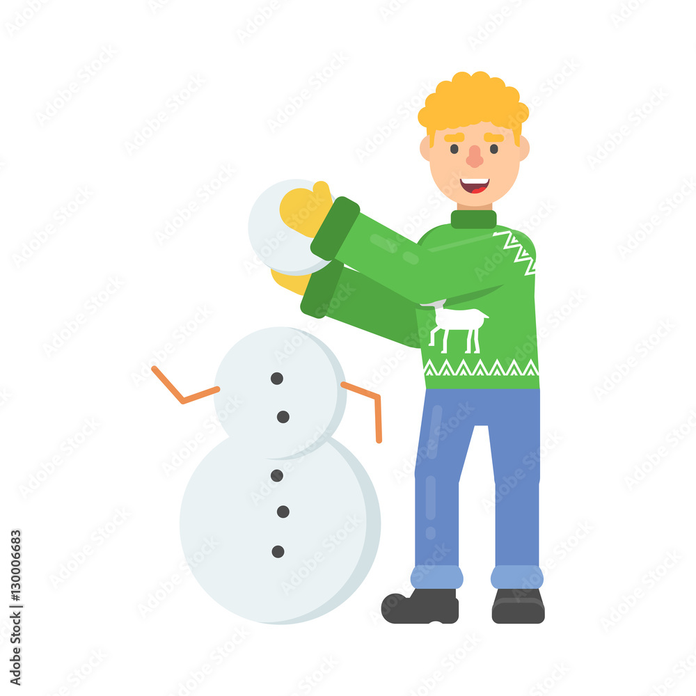 Christmas character young man in red pullower with deer sculpts snowman in flat cartoon style. Christmas character young man in red pullower with deer sculpts snowman in flat cartoon style.
