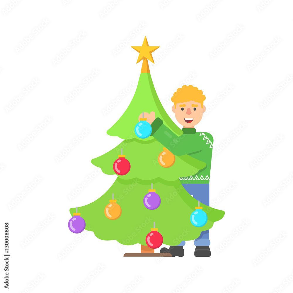 Christmas character young man in red pullower with deer decoration christmas tree in flat cartoon style. Christmas character young man in red pullower with deer decoration christmas tree in flat cartoon style.
