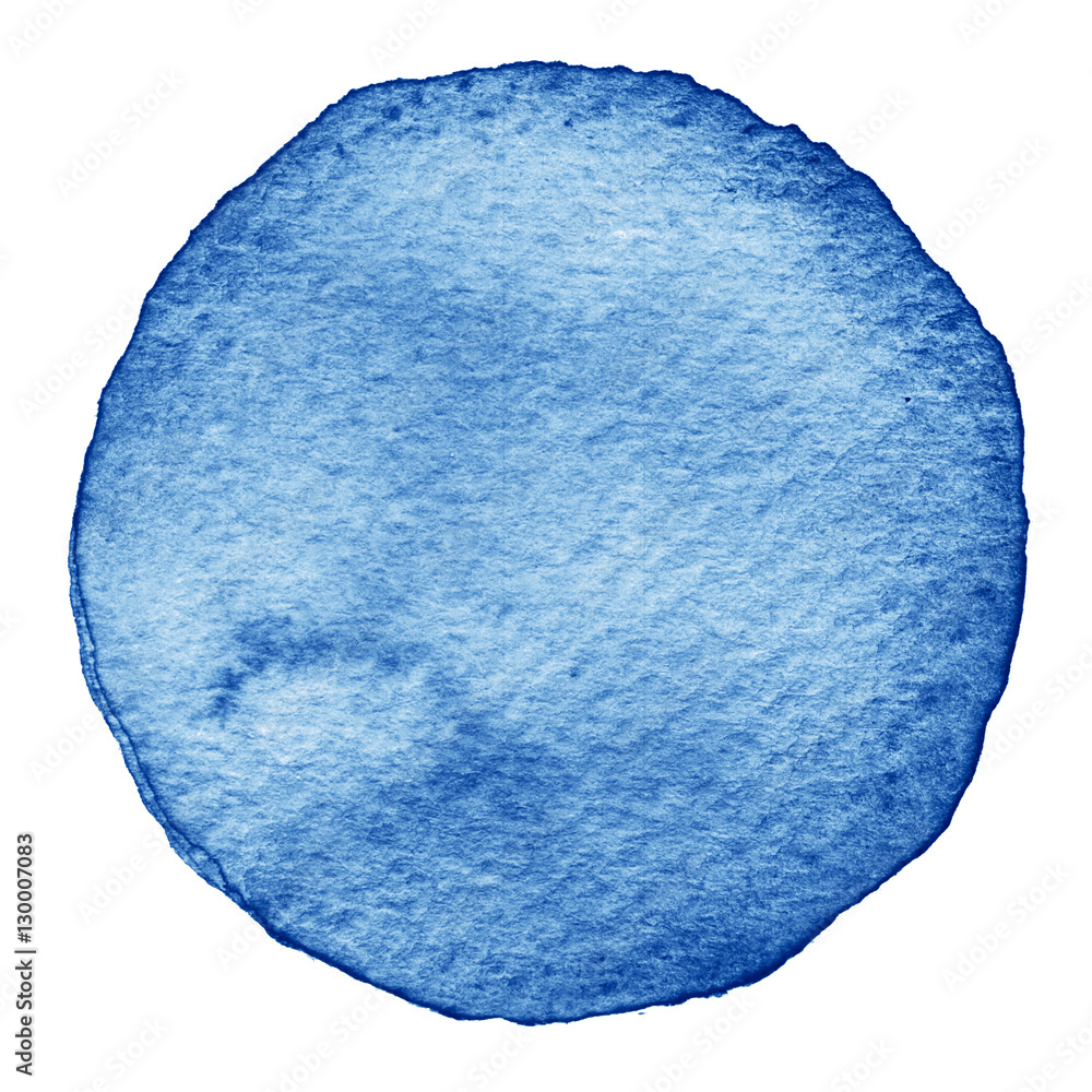 Blue watercolor circle. Stain with paper texture. Design element isolated on white background. Hand drawn abstract template Blue watercolor circle. Stain with paper texture. Design element isolated on white background. Hand drawn abstract template