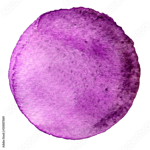 Purple watercolor circle. Stain with paper texture. Design element isolated on white background. Hand drawn abstract template