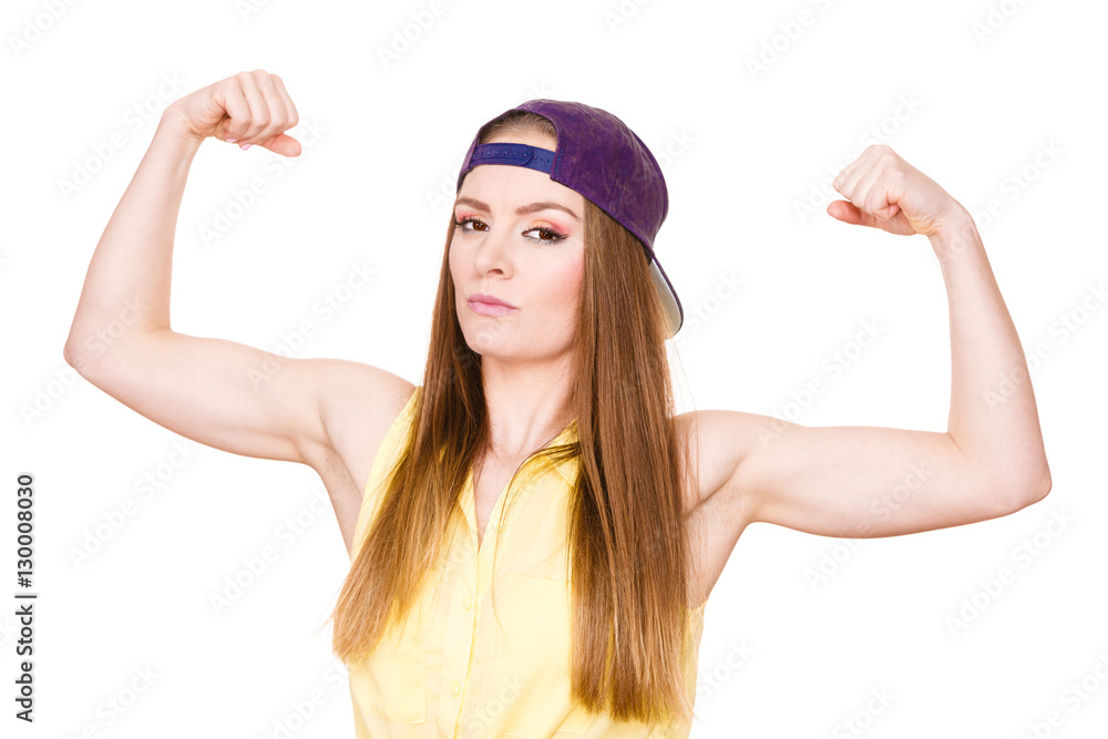 Woman casual style showing off muscles biceps Woman casual style showing off muscles biceps