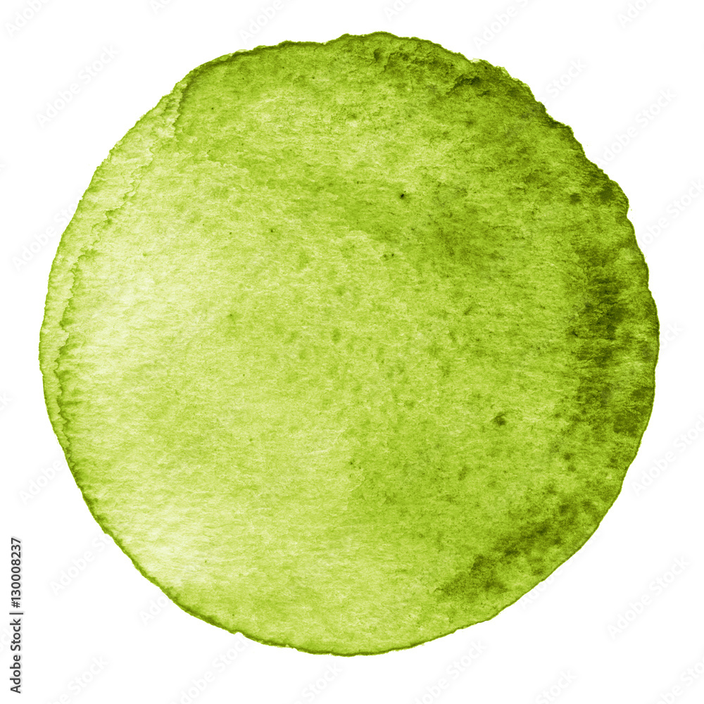 Green watercolor circle. Stain with paper texture. Design element isolated on white background. Hand drawn abstract template Green watercolor circle. Stain with paper texture. Design element isolated on white background. Hand drawn abstract template