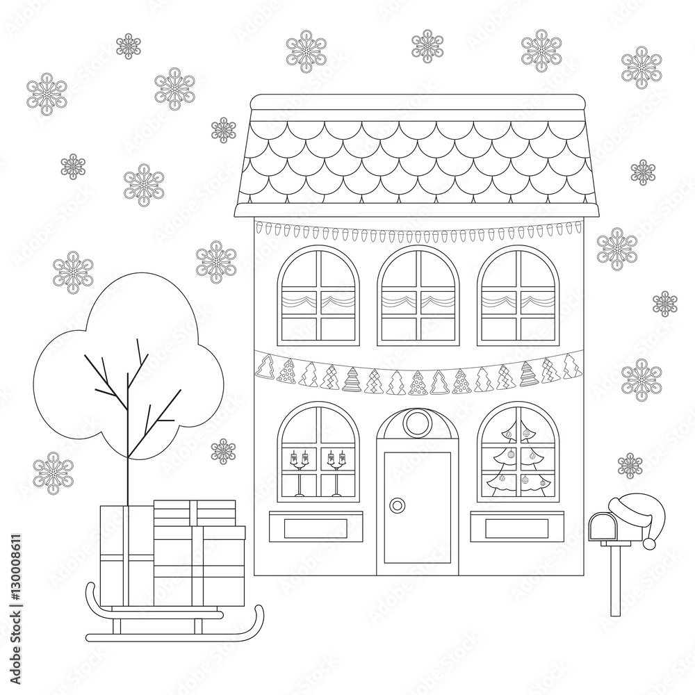 Coloring page: house in the decoration of Christmas, sleigh with gifts, mailbox in Father Christmas hat. Coloring book. Vector illustration.